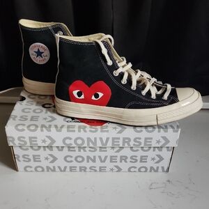 Converse Black and Cream High-Tops with Red Heart